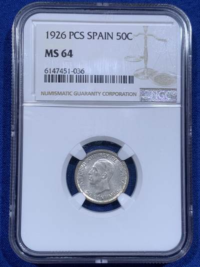 《竞宝斋》第416场 周日，周一，2场连拍 （全场包邮） - NGC MS64 西班牙1926年阿方索十三世50分银币