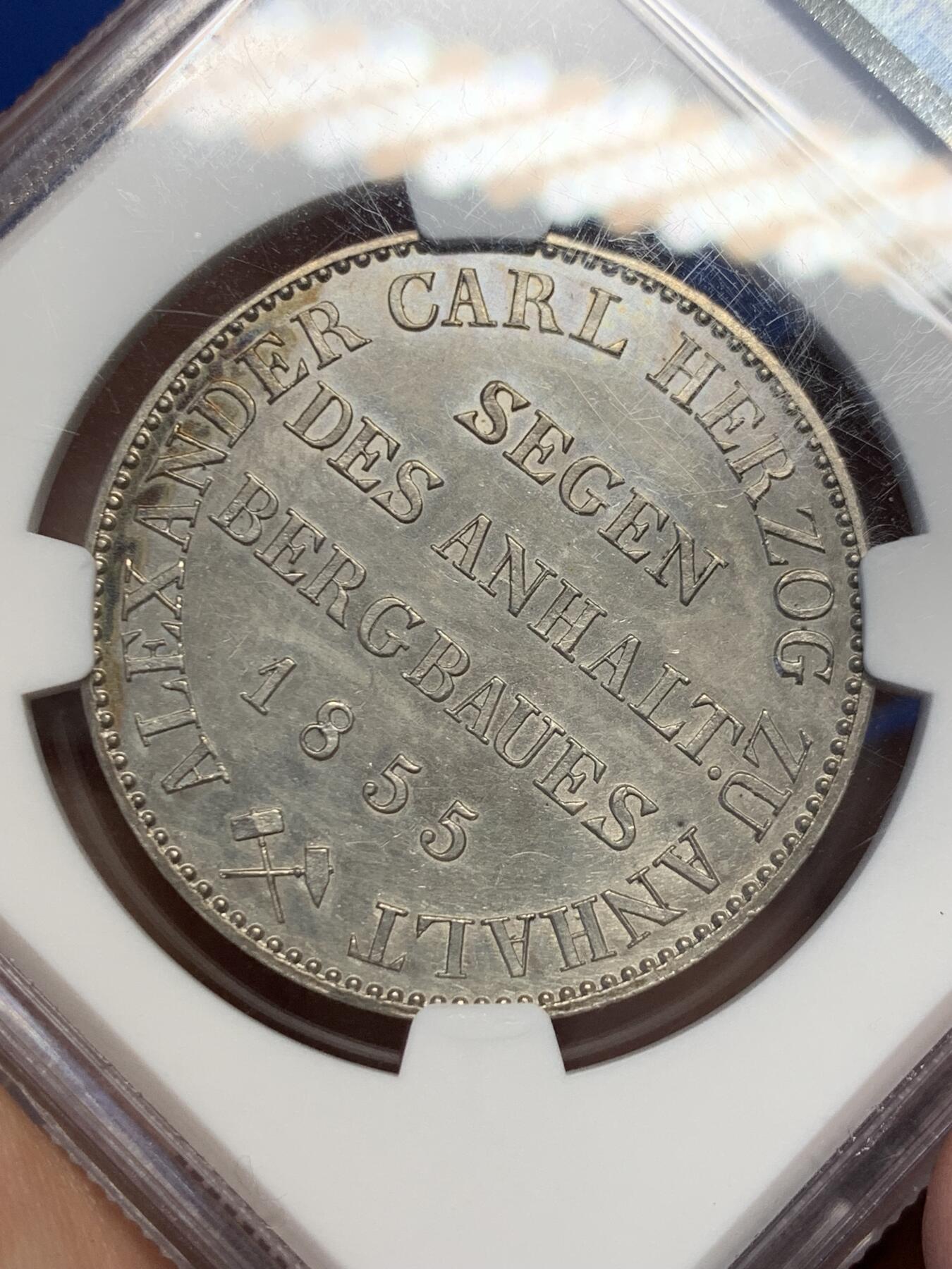 《竞宝斋》第416场 周日，周一，2场连拍 （全场包邮） NGC UNC 1855年德意志 安哈特贝恩堡 小熊爬墙 熊毛细节满满 五彩包浆