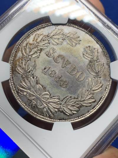 《竞宝斋》第417场 周日，周一，2场连拍 （全场包邮） NGC UNCD 意大利教皇国1848年庇护九世1埃斯库多银币 细节高点非常好 头上帽子黑了会处理的处理一下