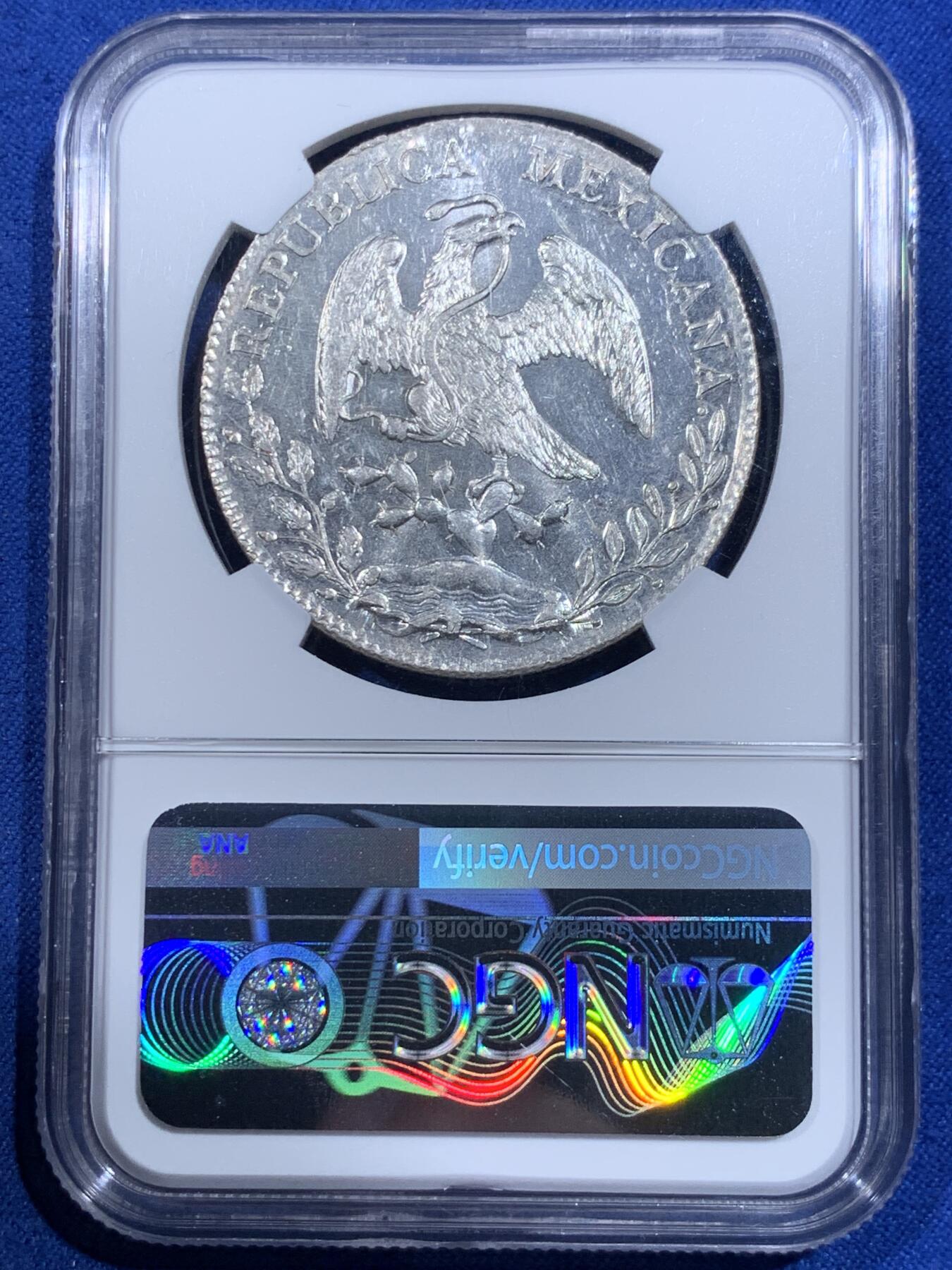 《竞宝斋》第417场 周日，周一，2场连拍 （全场包邮） NGC MS61 墨西哥 1895年 花边鹰洋 MO AM 8瑞尔 银币 这枚底板干净光度十足 适合喜欢银光的朋友收藏 低评