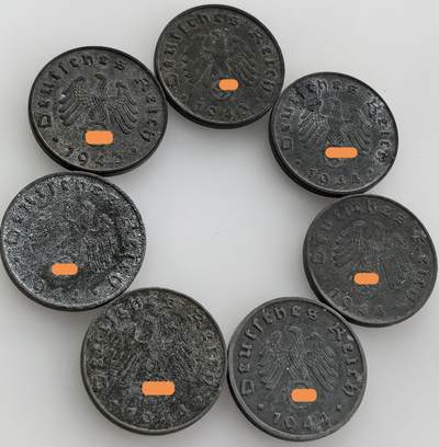 外国优质老铜币纪念币银币专场，周六晚上九点倒数截拍，满百包邮，周日发货,可寄存半年，喜欢朋友微信扫描二维码可直接参拍 - 7枚德意志第三帝国1943-1944年10芬尼锌币不同厂别