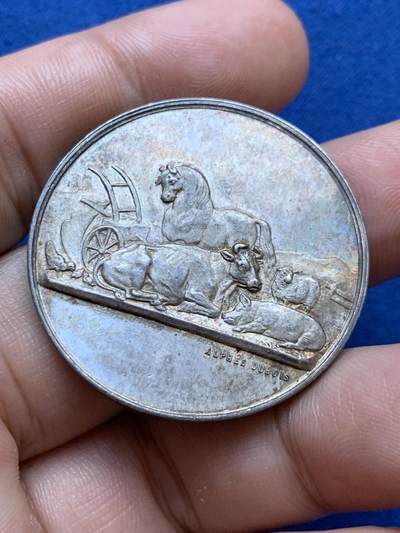 《竞宝斋》第417场 周日，周一，2场连拍 （全场包邮） 法国 农业援助联合会 银章 21.6g 36.2mm 丰饶角边铭 金色包浆