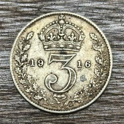【铜匠收藏】★第130加场★精品币章场，200包邮，不满200.支付运费5元。《接受代拍 代送NGC评级》 - 英国 1916年 乔治五世 3便士 银币