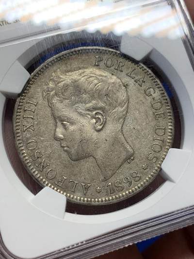 《竞宝斋》第417场 周日，周一，2场连拍 （全场包邮） NGC AU55 西班牙1898年阿方索十三世小孩头5比塞塔双柱银币
