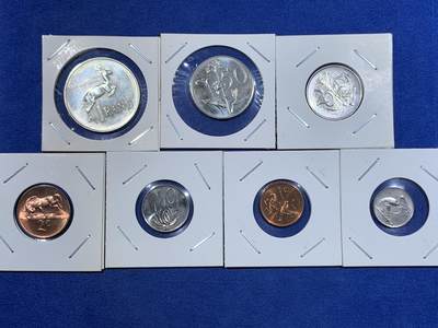 《竞宝斋》第417场 周日，周一，2场连拍 （全场包邮） 七枚一组 南非1966年套币，无包装，品相佳，含1兰特银币，PL质感，15克，0.800银。