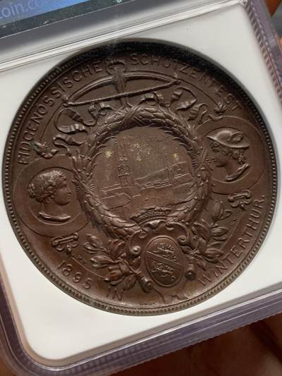 《竞宝斋》第417场 周日，周一，2场连拍 （全场包邮） NGC MS63BN 瑞士1895年温特图尔射击节女神铜章 浮雕感极强 加厚盒