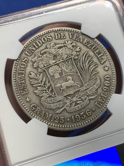 《竞宝斋》第417场 周日，周一，2场连拍 （全场包邮） NGC XF40 委内瑞拉 1936年 西蒙玻利瓦尔 5B大银币 有分极少 难得