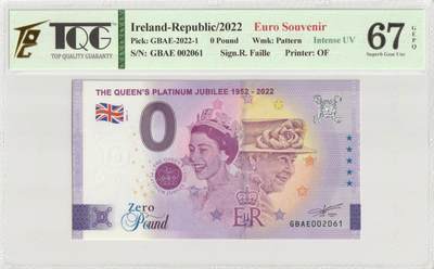 PThappally收藏第52次拍卖，英联邦地区硬币纸币 - 爱尔兰 年份 2022, 全新的 "Euro Souvenir" The Queen's Platinum Jubilee 1952-2022, 克劳斯目录编号 GBAE 2022-1 认证于: TQG 67 GEPQ Superb Gem UNC