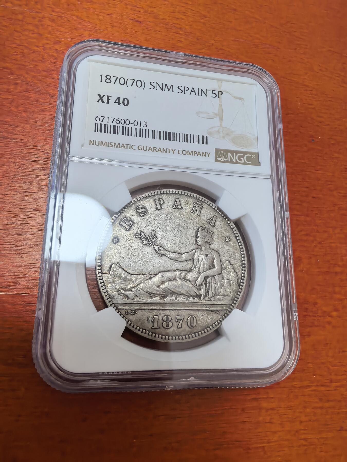 长老汇蛇年精选第四十三场拍卖 1870(70) SNM 西班牙拿花5比塞塔大银币，NGC XF40