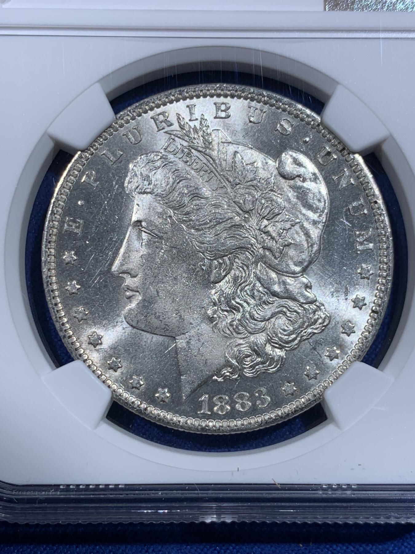 《竞宝斋》第417场 周日，周一，2场连拍 （全场包邮） NGC MS63 美国1883年O版摩根银币 爆光BU品质