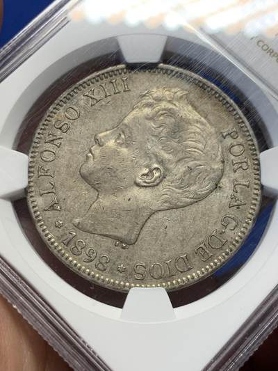 《竞宝斋》第417场 周日，周一，2场连拍 （全场包邮） NGC AU55 西班牙1898年阿方索十三世小孩头5比塞塔双柱银币
