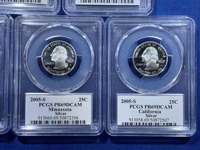 《竞宝斋》第417场 周日，周一，2场连拍 （全场包邮） PCGS PR69DCAM 美国2005年25美分5枚精制银币套 加利福尼亚/明尼苏达/堪萨斯/俄勒冈/西佛吉尼亚