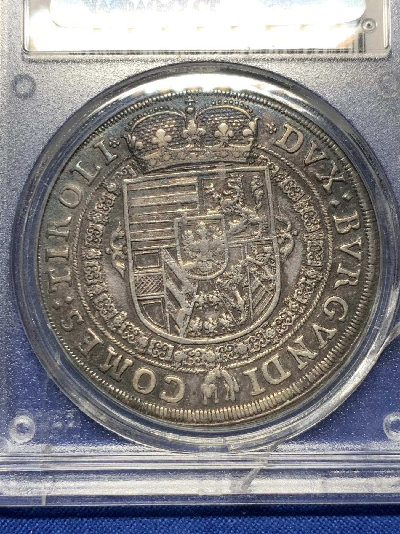 《竞宝斋》第417场 周日，周一，2场连拍 （全场包邮） PCGS AU58 奥地利 神罗 1632年 利奥波德五世 1泰勒 银币 人像纹章深打 细节丰富 五彩老包浆 盒子有裂不影响币