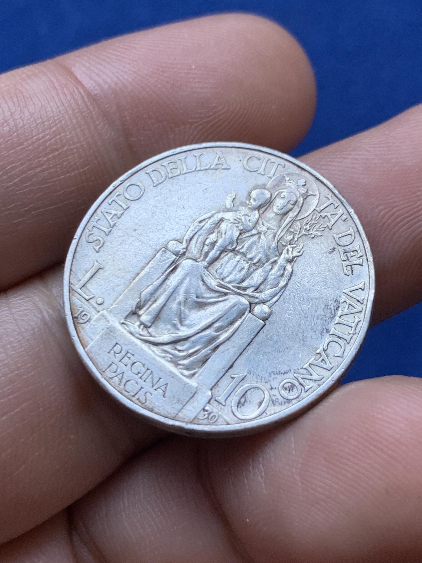 《竞宝斋》第417场 周日，周一，2场连拍 （全场包邮） 教皇国1930年庇护十一世10里拉银币