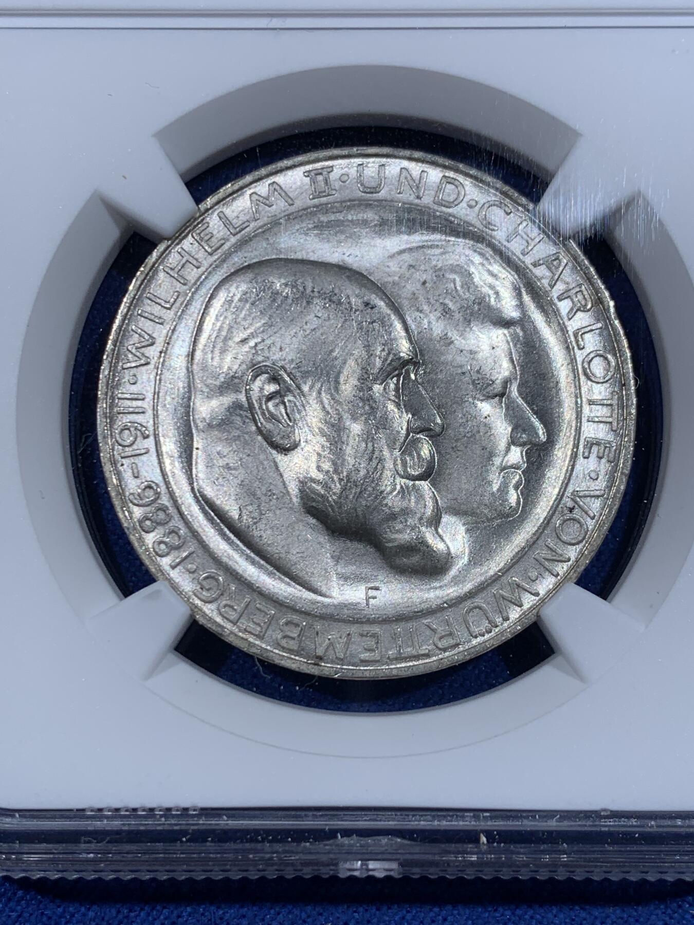 《竞宝斋》第417场 周日，周一，2场连拍 （全场包邮） NGC MS64 德国1911年符腾堡王国威廉二世国王银婚3马克银币