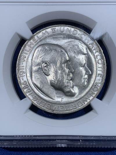 《竞宝斋》第417场 周日，周一，2场连拍 （全场包邮） NGC MS64 德国1911年符腾堡王国威廉二世国王银婚3马克银币