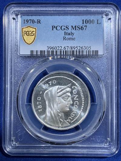 《竞宝斋》第417场 周日，周一，2场连拍 （全场包邮） PCGS MS67 意大利1970年罗马建都百年1000里拉纪念银币，高分！