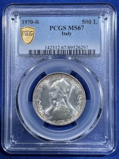 《竞宝斋》第417场 周日，周一，2场连拍 （全场包邮） - PCGS MS67 意大利500里拉银币 1970哥伦布文艺复兴少女 卷拆车轮光高分！