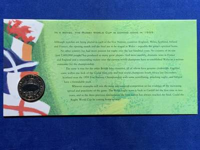 《竞宝斋》第417场 周日，周一，2场连拍 （全场包邮） 英国威尔士1999年英式橄榄球世界杯限量2英镑纪念币首日封。橄榄球是英国Upper class的贵族运动，英联邦普及，所有私校必定设立。精美可抽出式2镑纪念币卡册。