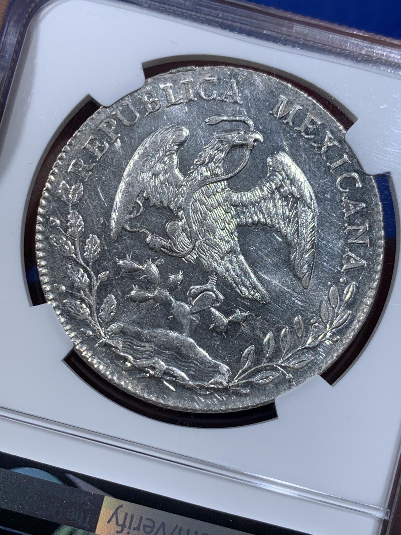 《竞宝斋》第417场 周日，周一，2场连拍 （全场包邮） NGC MS61 墨西哥 1895年 花边鹰洋 MO AM 8瑞尔 银币 这枚底板干净光度十足 适合喜欢银光的朋友收藏 低评
