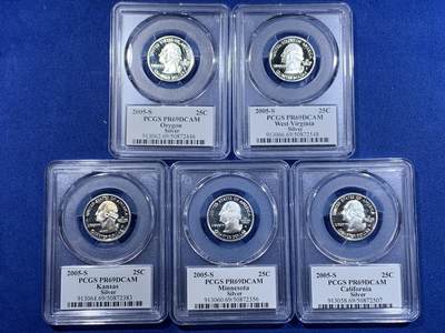 《竞宝斋》第417场 周日，周一，2场连拍 （全场包邮） PCGS PR69DCAM 美国2005年25美分5枚精制银币套 加利福尼亚/明尼苏达/堪萨斯/俄勒冈/西佛吉尼亚
