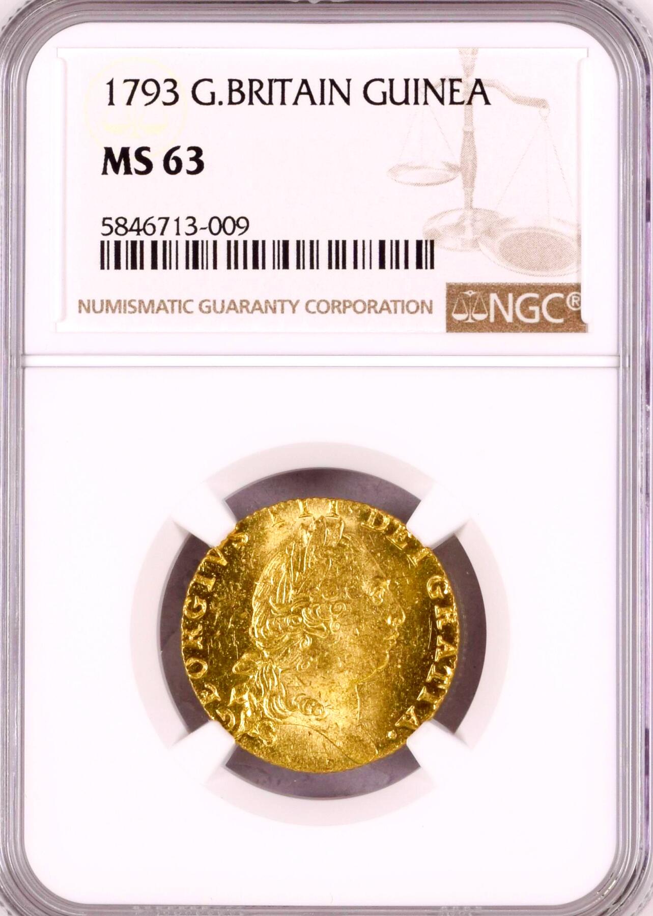 【仅1枚更高分 亚军分少见】英国 乔治三世 1793年"Spade"基尼金币（ 1Guinea=21先令）NGC MS63 光感充沛 细节清晰 高分值得收藏（乔治三世在位期间，英国工业革命得到发展，“日不落帝国”的概念逐渐成形。1763年英国战胜法国，打赢了七年战争，建立海上霸权。后又参加了反法同盟，打败了拿破仑·波拿巴。但在1783年输了美国独立战争，使英属北美殖民地独立成为美国）