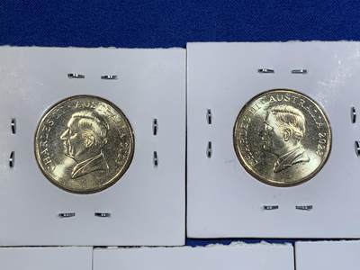 《竞宝斋》第417场 周日，周一，2场连拍 （全场包邮） 五枚一组 2023年首版查尔斯头像一澳元 2023年11月登基 仅发行1个月就改铸2024版了 值得投资