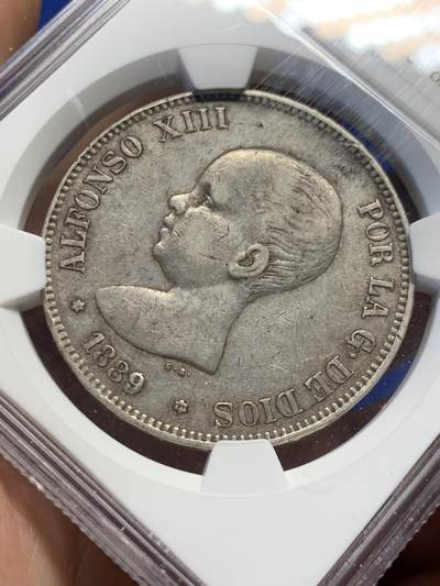 《竞宝斋》第417场 周日，周一，2场连拍 （全场包邮） NGC AU53 西班牙 1889年 阿方索十三世 小光头 5比塞塔 银币 上AU的小光头很少