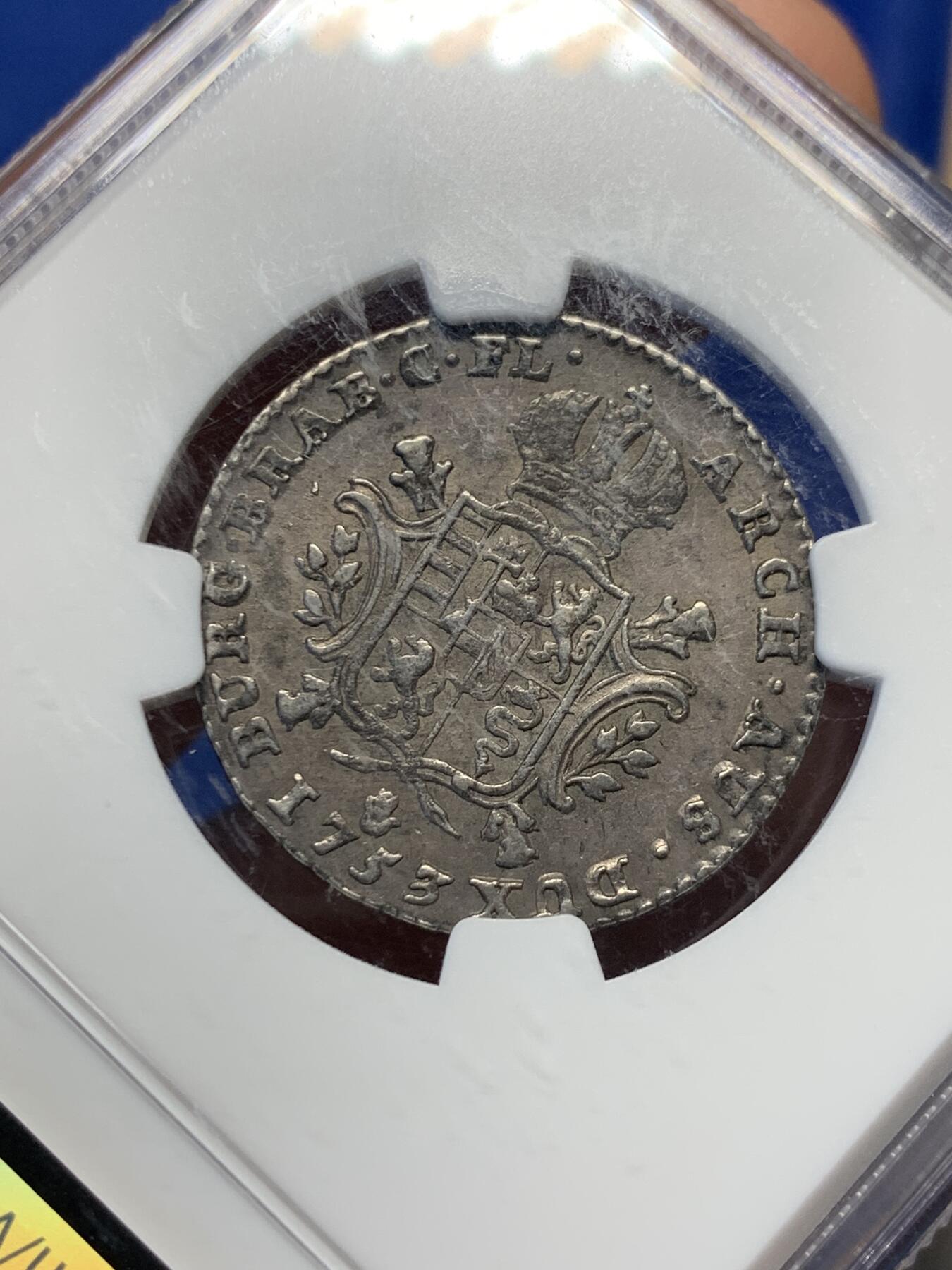 《竞宝斋》第417场 周日，周一，2场连拍 （全场包邮） NGC AU50 奥属尼德兰1753年1/4杜卡特银币，十分少见，特蕾莎女王头像