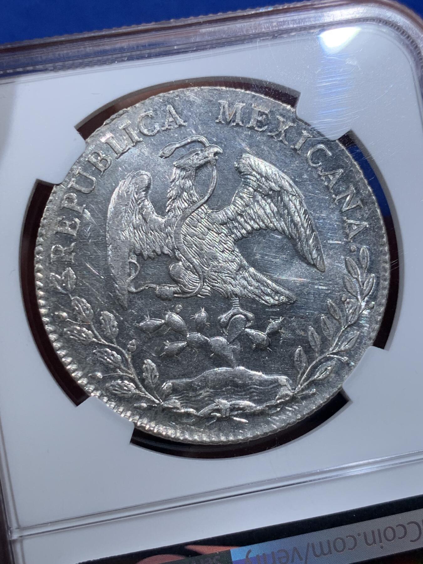 《竞宝斋》第417场 周日，周一，2场连拍 （全场包邮） NGC MS61 墨西哥 1895年 花边鹰洋 MO AM 8瑞尔 银币 这枚底板干净光度十足 适合喜欢银光的朋友收藏 低评