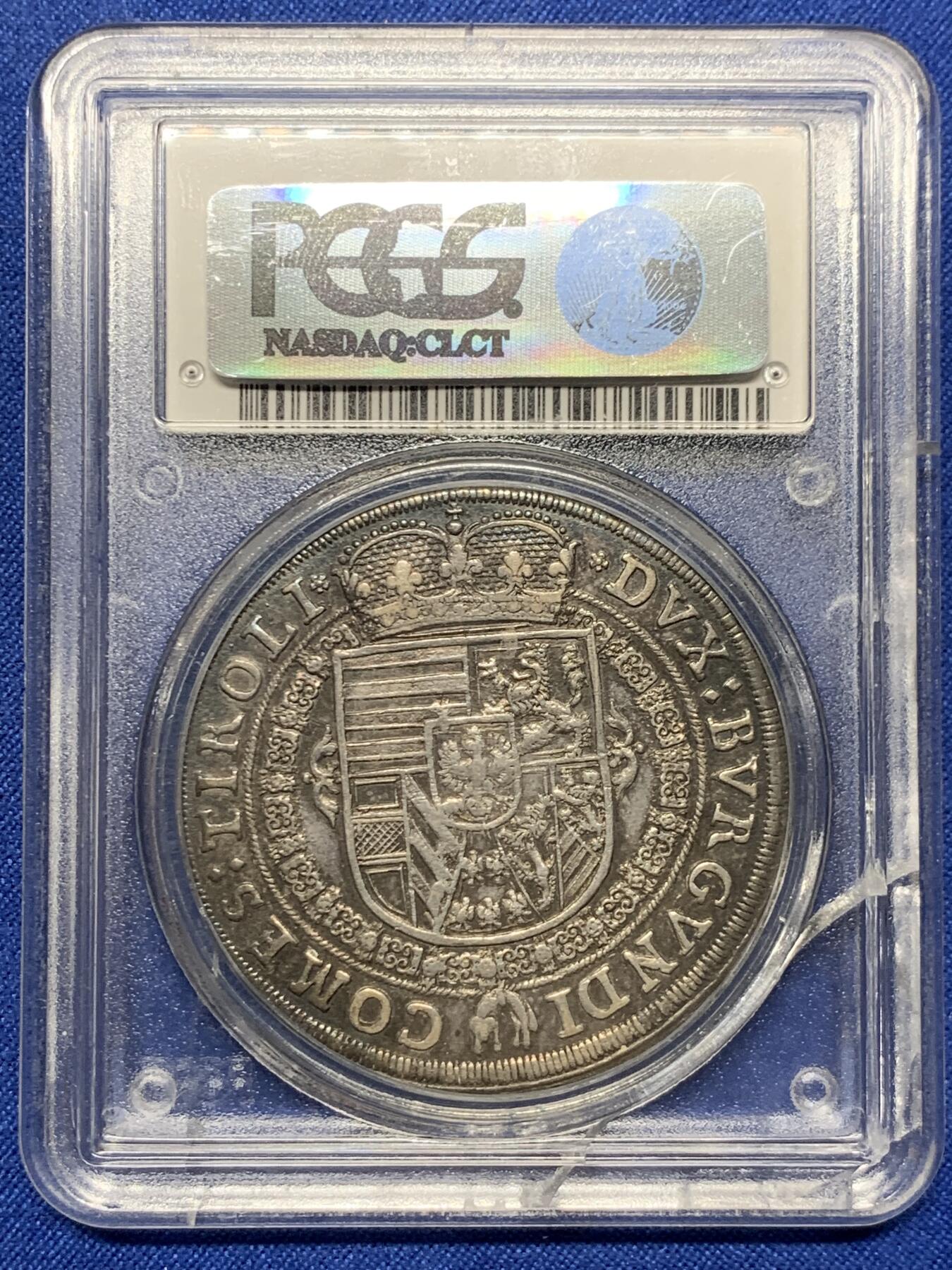 《竞宝斋》第417场 周日，周一，2场连拍 （全场包邮） PCGS AU58 奥地利 神罗 1632年 利奥波德五世 1泰勒 银币 人像纹章深打 细节丰富 五彩老包浆 盒子有裂不影响币