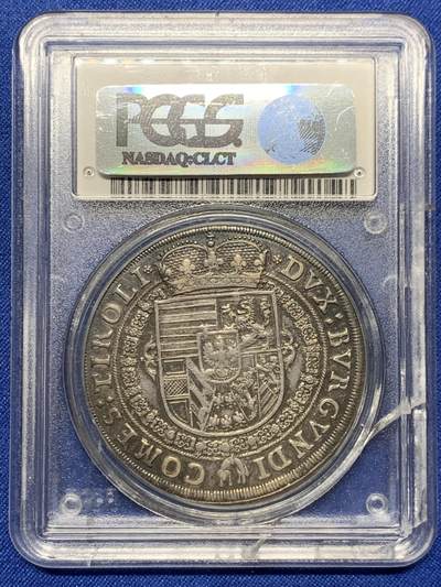 《竞宝斋》第417场 周日，周一，2场连拍 （全场包邮） PCGS AU58 奥地利 神罗 1632年 利奥波德五世 1泰勒 银币 人像纹章深打 细节丰富 五彩老包浆 盒子有裂不影响币