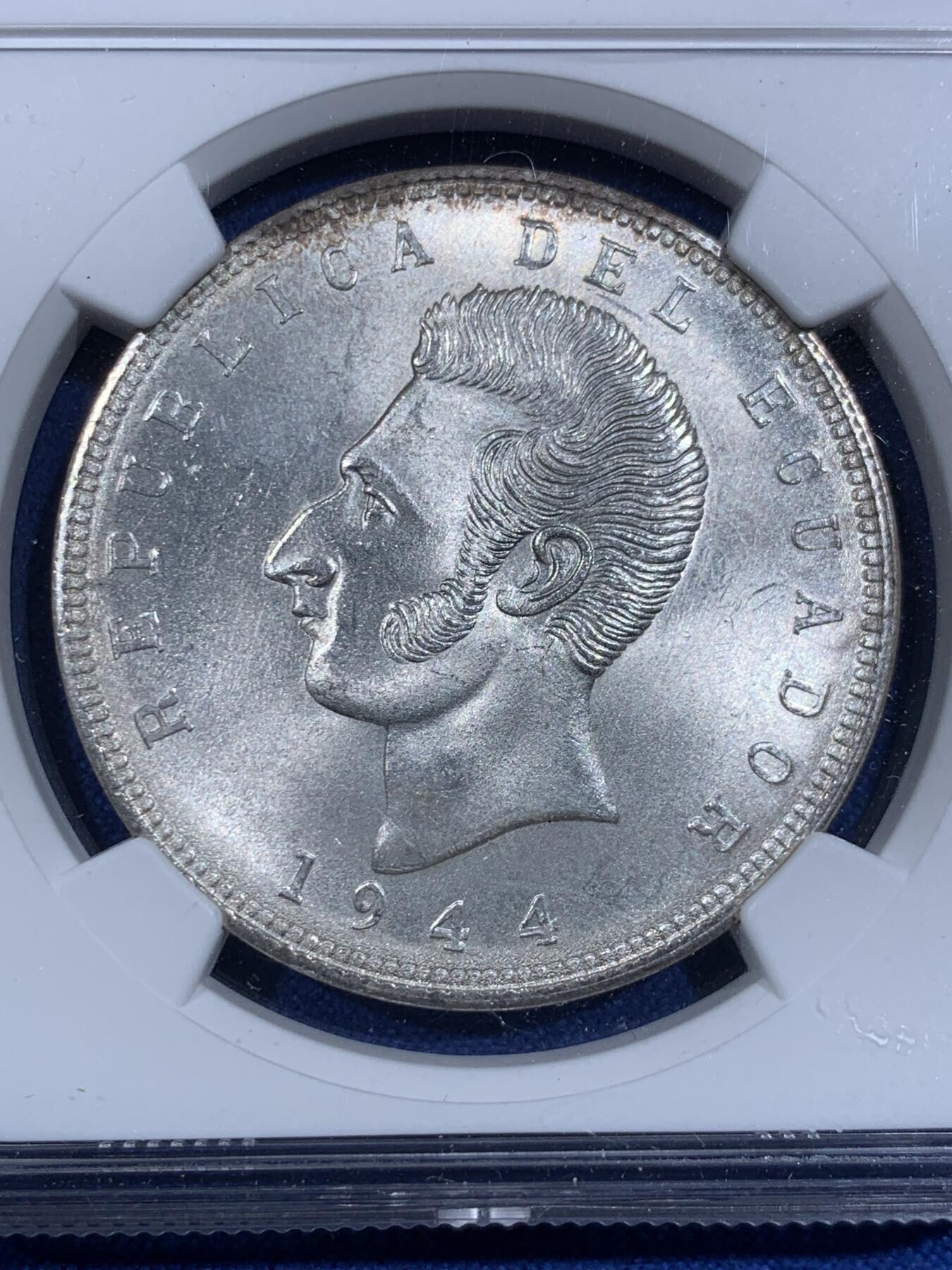 《竞宝斋》第417场 周日，周一，2场连拍 （全场包邮） NGC MS63 厄瓜多尔 1944年 5苏克雷 方便面头 银币 暴光品相