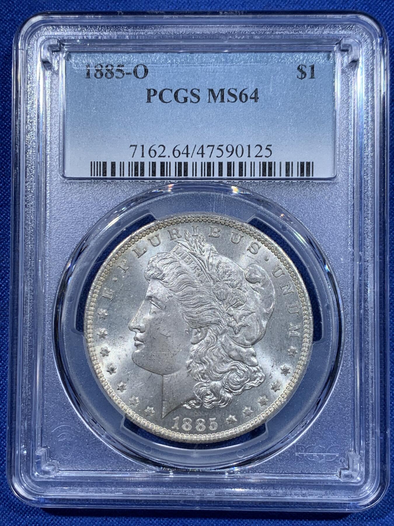 《竞宝斋》第417场 周日，周一，2场连拍 （全场包邮） PCGS MS64 美国1885年-O版摩根1美元银币 背面支撑有磕
