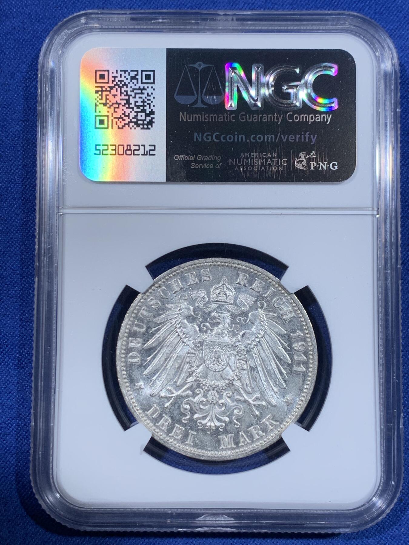 《竞宝斋》第417场 周日，周一，2场连拍 （全场包邮） NGC MS64 德国1911年符腾堡王国威廉二世国王银婚3马克银币