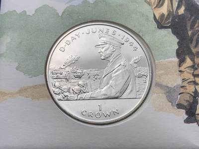 《竞宝斋》第417场 周日，周一，2场连拍 （全场包邮） 马恩岛1994年诺曼底登陆50周年纪念限量邮币封，同题材1994年马恩岛克朗纪念币。军史题材，核心事件。