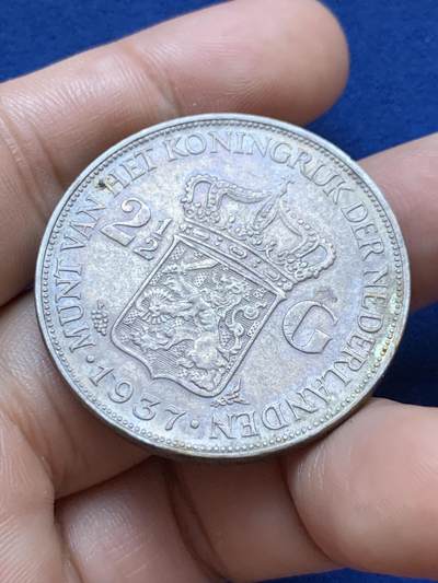 《竞宝斋》第417场 周日，周一，2场连拍 （全场包邮） 荷兰1937年威廉敏娜女王2.5盾大银币