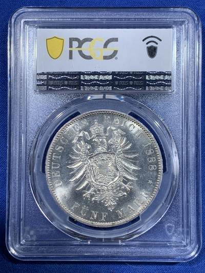 《竞宝斋》第417场 周日，周一，2场连拍 （全场包邮） PCGS MS63 德国1888年普鲁士腓特烈三世 三皇年5马克银币 币面干净 银光充足
