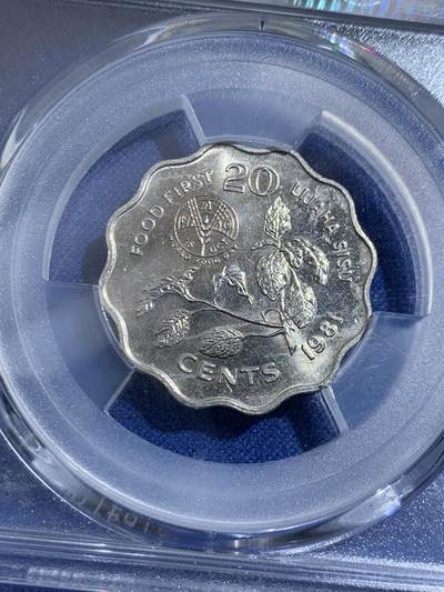 《竞宝斋》第417场 周日，周一，2场连拍 （全场包邮） PCGS MS65 斯威士兰1981年20分纪念币 发行量仅15万 少见！唯一的冠军分！