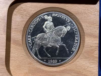 《竞宝斋》第417场 周日，周一，2场连拍 （全场包邮） 原盒证书 西班牙1989年骑士5ECU大银币 33.6克 925银