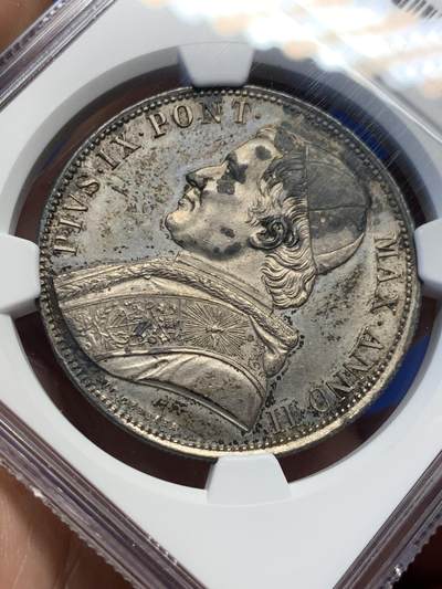 《竞宝斋》第417场 周日，周一，2场连拍 （全场包邮） NGC UNCD 意大利教皇国1848年庇护九世1埃斯库多银币 细节高点非常好 头上帽子黑了会处理的处理一下