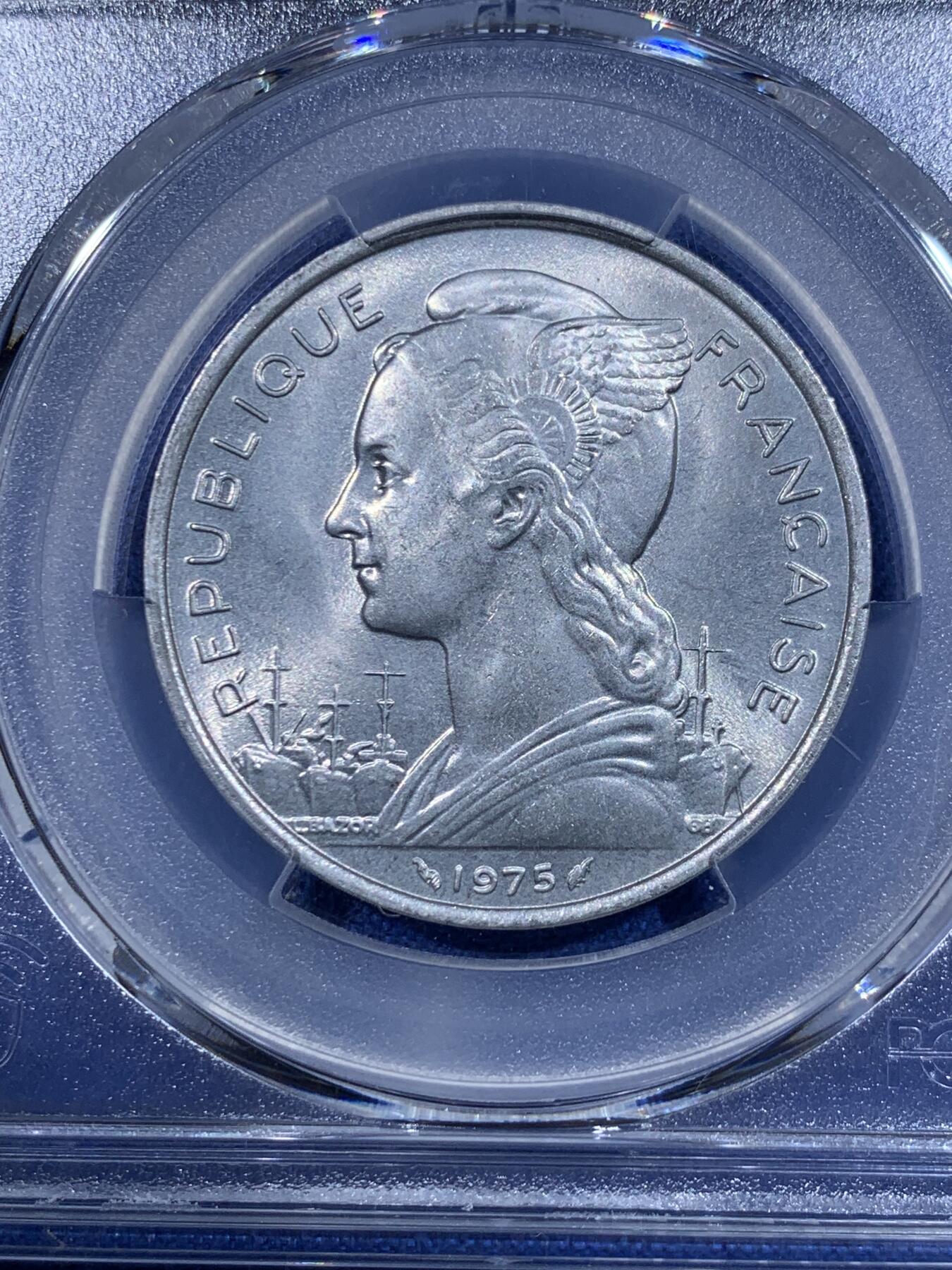 《竞宝斋》第417场 周日，周一，2场连拍 （全场包邮） PCGS MS65 法属伊萨1975年5法郎铝币 铝币容易腐蚀出分不易 车轮光状态漂亮！不常见的法属殖民地的硬币 发行量仅30万枚，适合配套收藏！