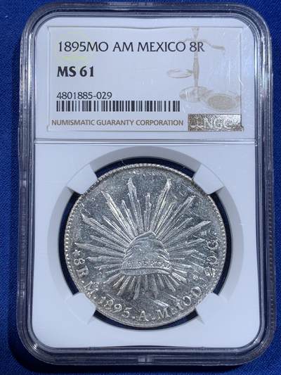 《竞宝斋》第417场 周日，周一，2场连拍 （全场包邮） NGC MS61 墨西哥 1895年 花边鹰洋 MO AM 8瑞尔 银币 这枚底板干净光度十足 适合喜欢银光的朋友收藏 低评