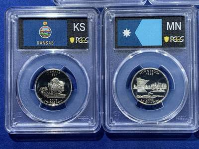 《竞宝斋》第417场 周日，周一，2场连拍 （全场包邮） PCGS PR69DCAM 美国2005年25美分5枚精制银币套 加利福尼亚/明尼苏达/堪萨斯/俄勒冈/西佛吉尼亚