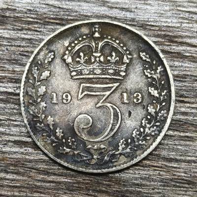 【铜匠收藏】★第130加场★精品币章场，200包邮，不满200.支付运费5元。《接受代拍 代送NGC评级》 - 英国 1913年 乔治五世 3便士 银币