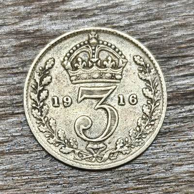 【铜匠收藏】★第130加场★精品币章场，200包邮，不满200.支付运费5元。《接受代拍 代送NGC评级》 - 英国 1916年 乔治五世 3便士 银币