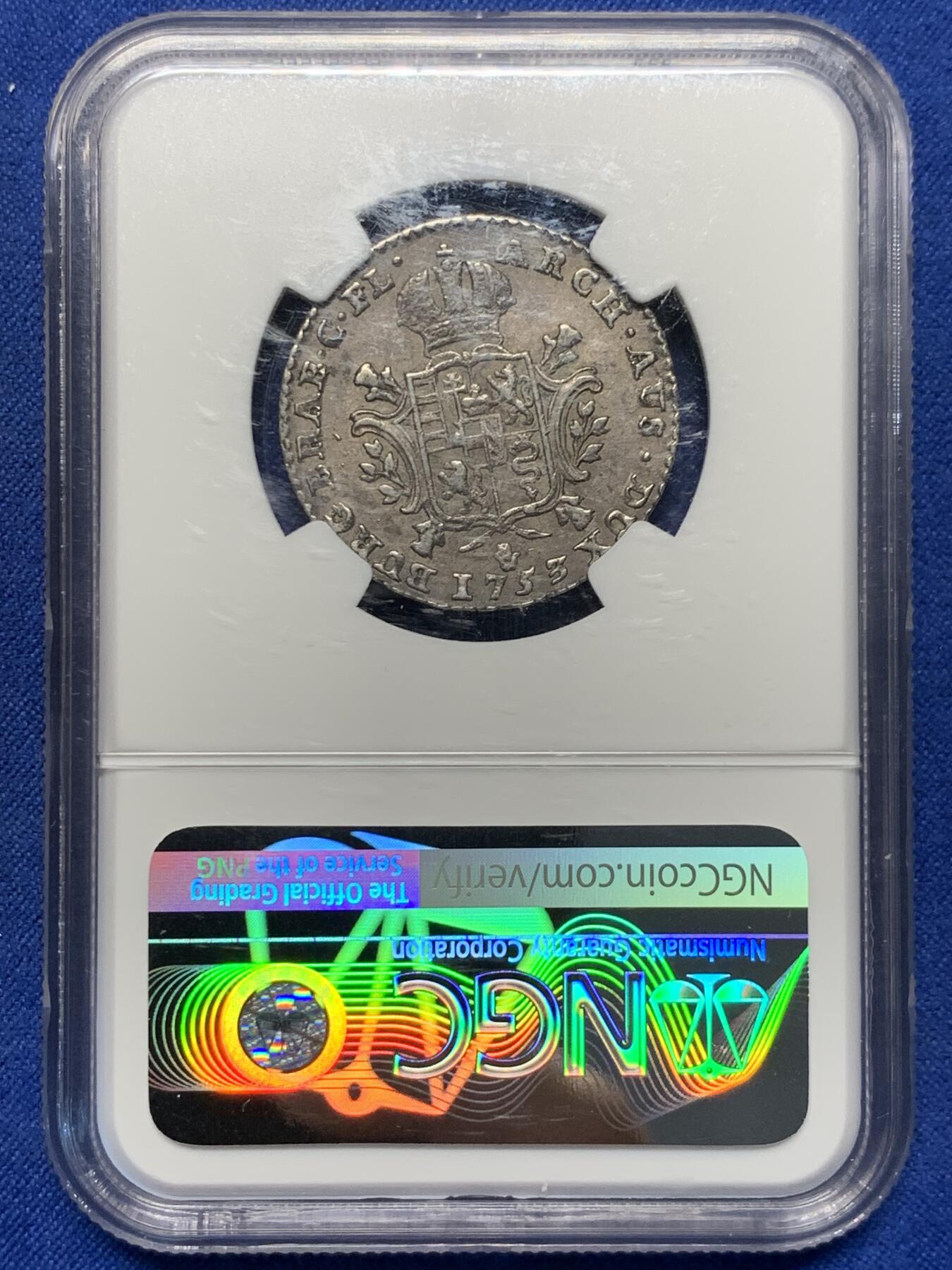 《竞宝斋》第417场 周日，周一，2场连拍 （全场包邮） NGC AU50 奥属尼德兰1753年1/4杜卡特银币，十分少见，特蕾莎女王头像