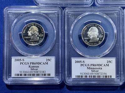 《竞宝斋》第417场 周日，周一，2场连拍 （全场包邮） PCGS PR69DCAM 美国2005年25美分5枚精制银币套 加利福尼亚/明尼苏达/堪萨斯/俄勒冈/西佛吉尼亚