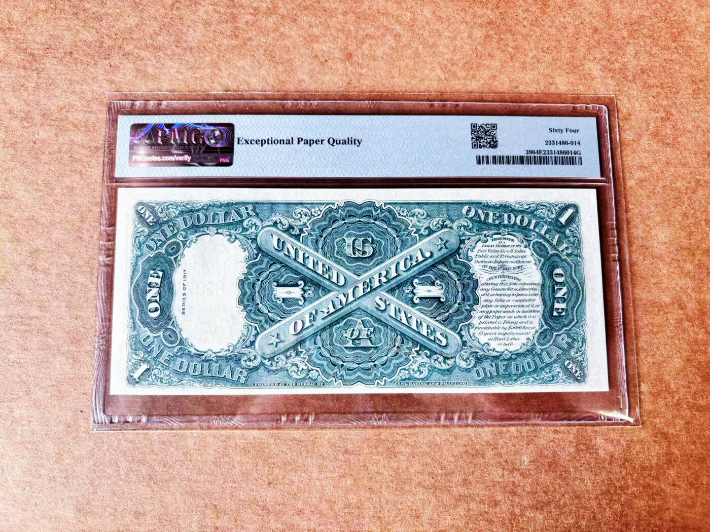 【Blue Auction】世界纸币精拍第721期——18级TOP拍卖/信誉/品质/专业/高效💫 美国 1917年1美金 PMG64EPQ 大票幅 双面雕刻精美绿钞 征服者登陆 华盛顿头像 