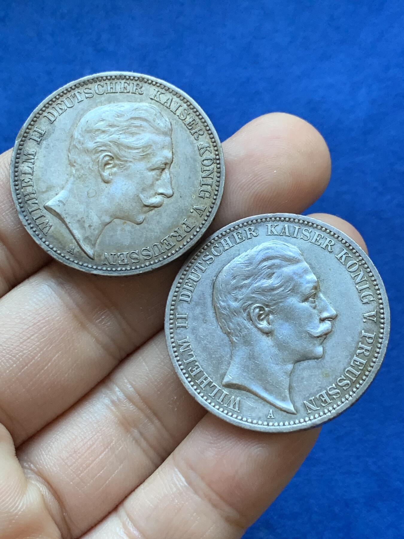 《竞宝斋》第417场 周日，周一，2场连拍 （全场包邮） 两枚一组 德国1909年/1912年威廉二世3马克银币
